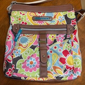 Lily Bloom Vibrant Floral Crossbody Bag Lightweight Nylon, Faux Leather Trim EUC